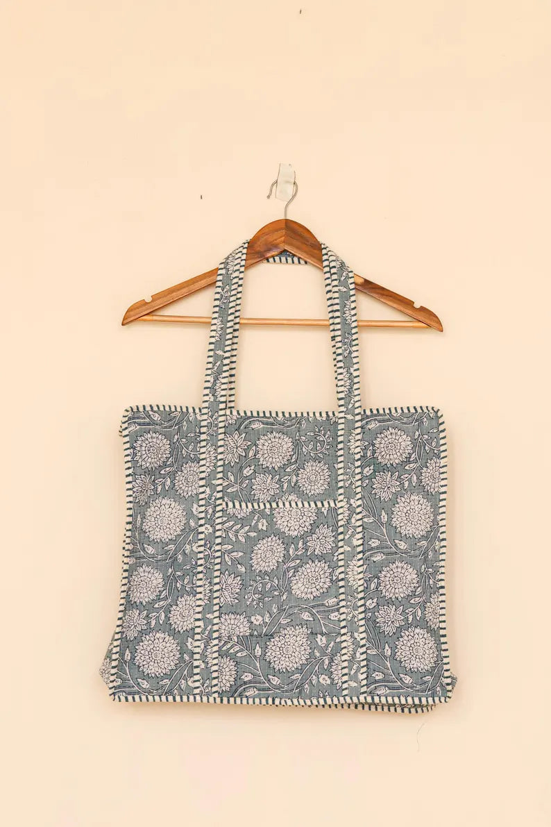 Azure Bloom Quilted Tote
