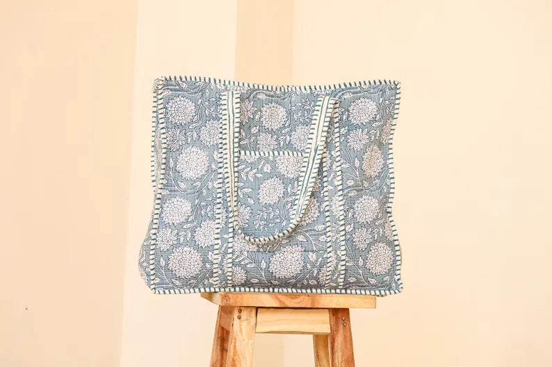 Azure Bloom Quilted Tote