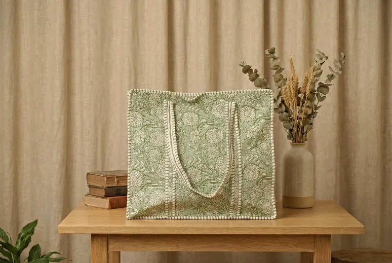Sage Blossom Quilted Tote