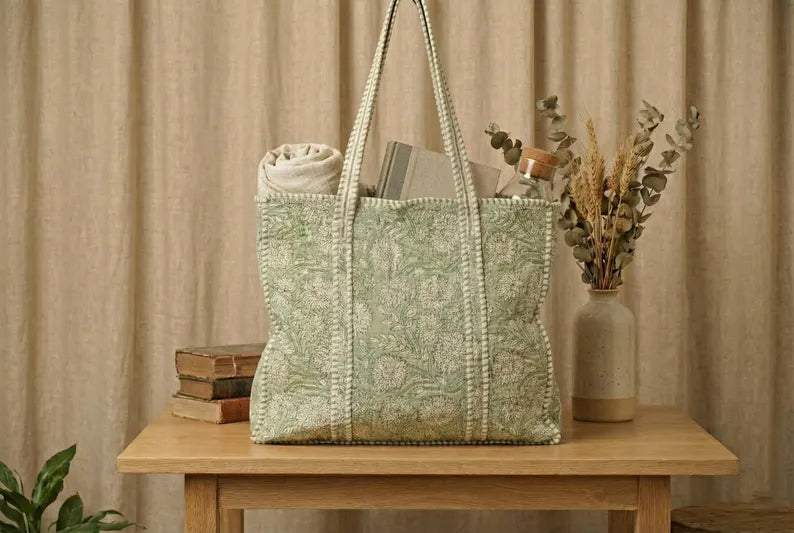 Sage Blossom Quilted Tote