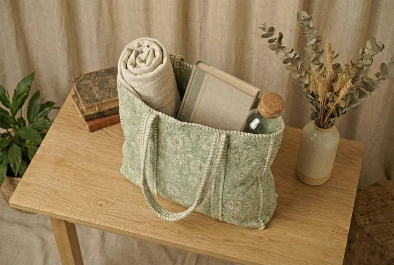 Sage Blossom Quilted Tote