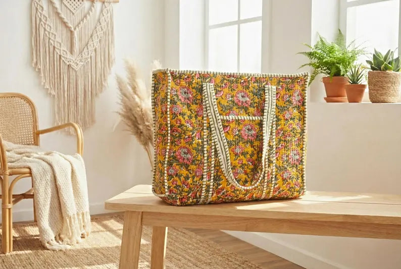 Golden Bloom Quilted Tote