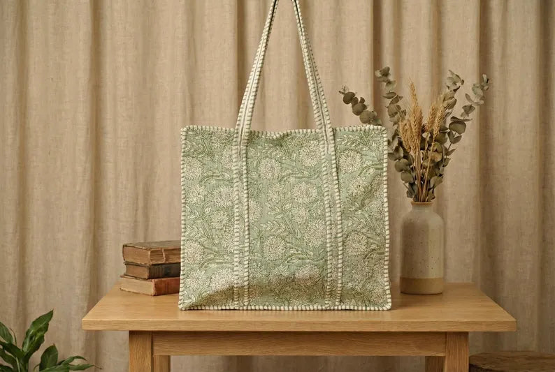 Sage Blossom Quilted Tote