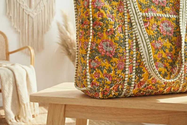 Golden Bloom Quilted Tote