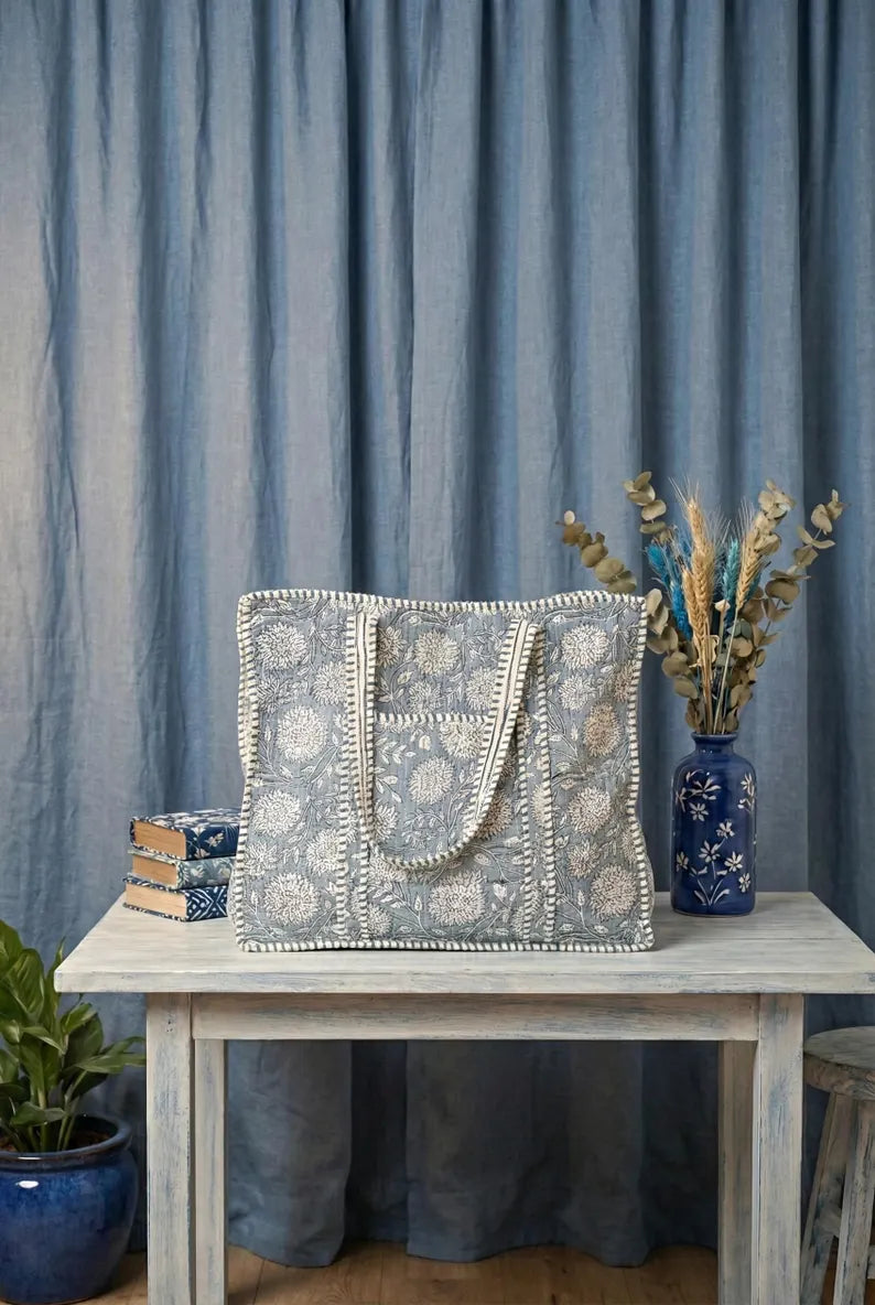 Blue Floral Quilted Cotton Tote Bag